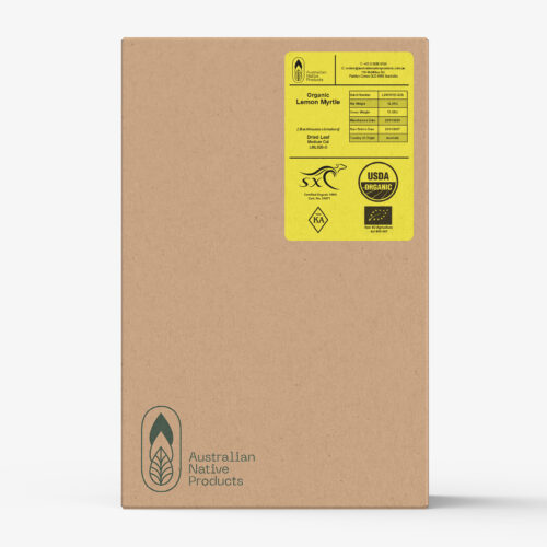 Brown carton of Organic Lemon Myrtle Dried Leaf Medium Cut with yellow product label and USDA Organic certification
